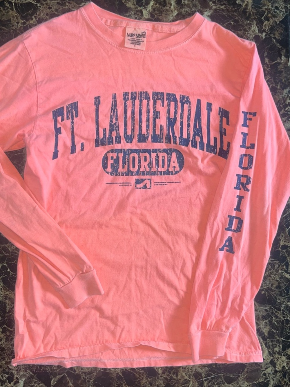 Surf Style Pink Tee with Navy Distressed Graphic